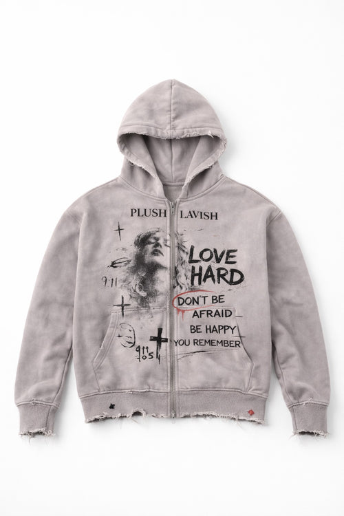 Grey "Love Hard" Zip Up Hoodie