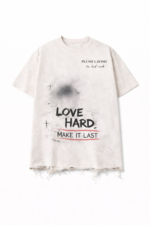White " Love Hard " Distressed Tee