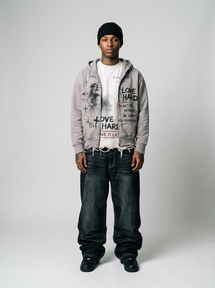 Grey "Love Hard" Zip Up Hoodie