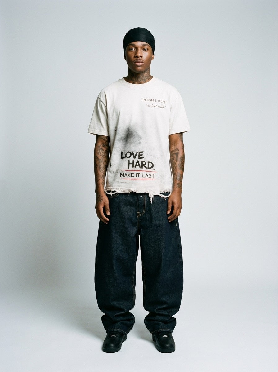 White " Love Hard " Distressed Tee