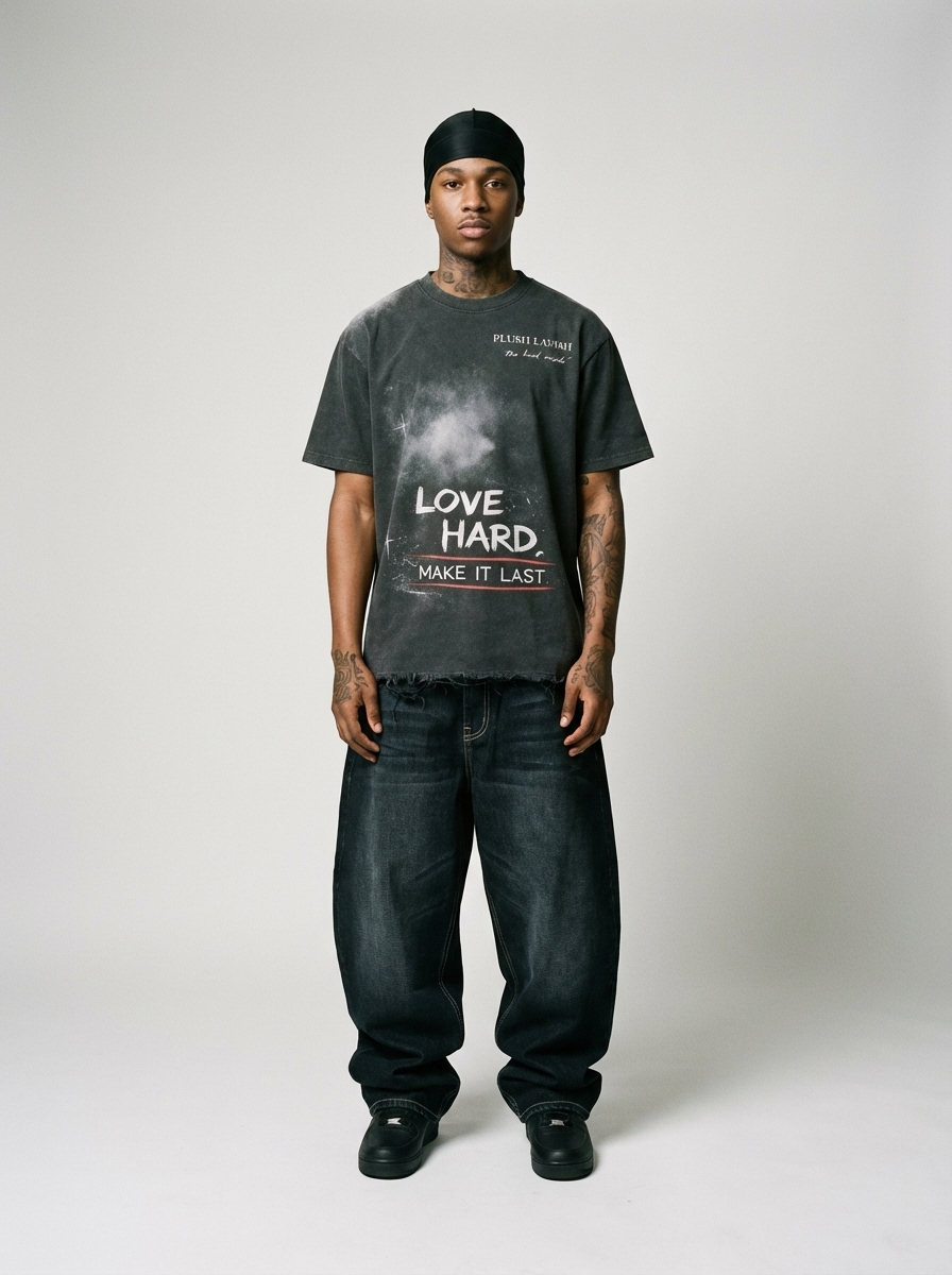 Black "Love Hard" Distressed Tee